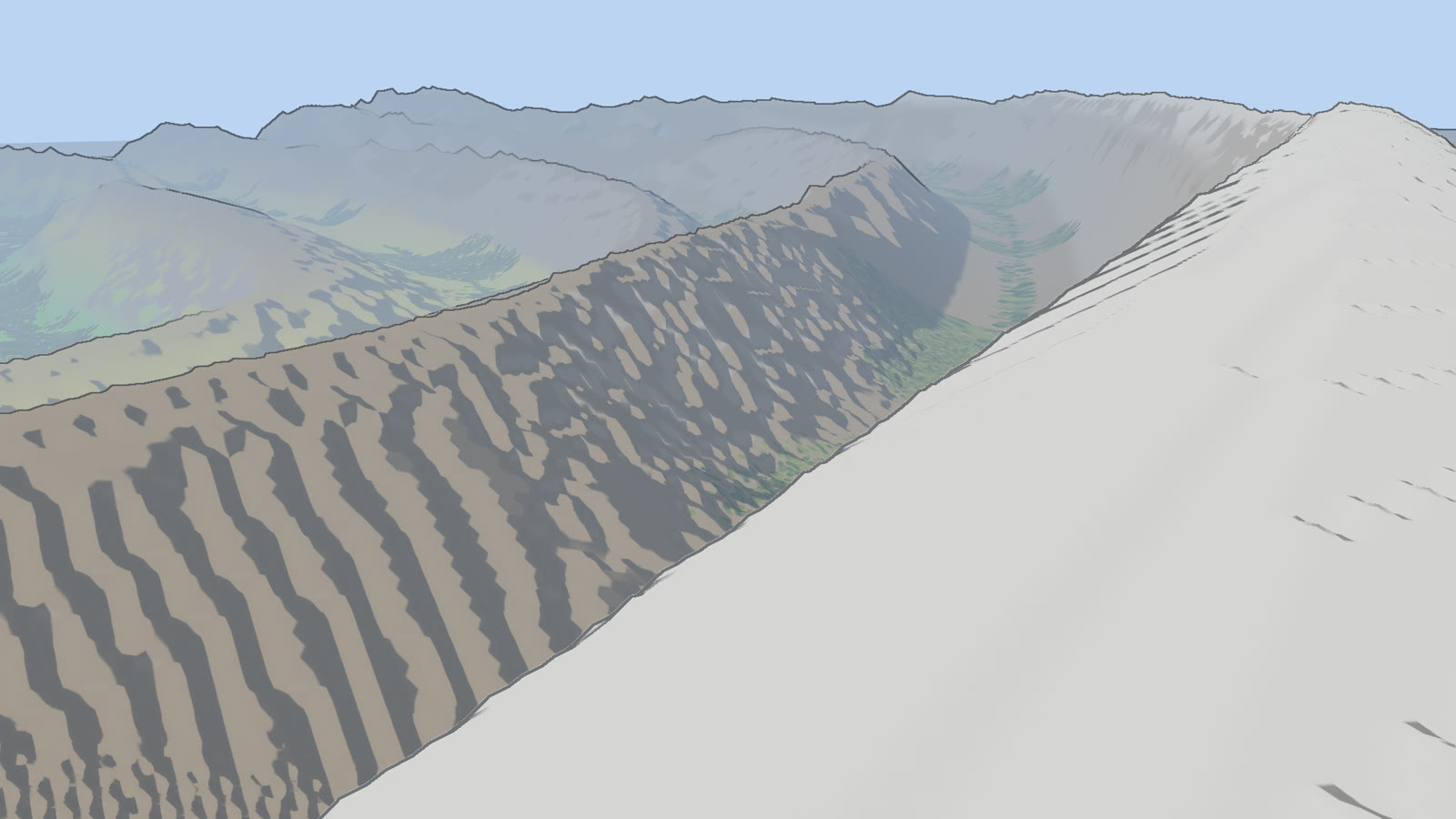 The snow on that range's crest, the next sheet's face beside it