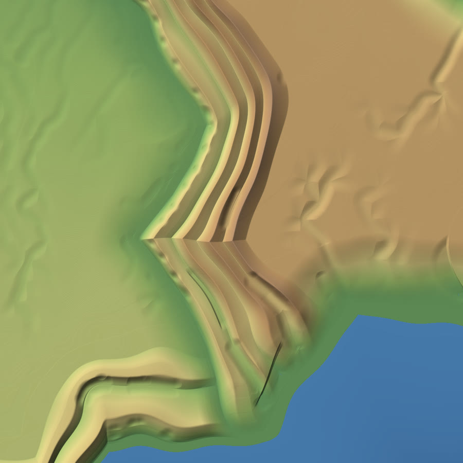 Relief map: a curving range of stacked thrust sheets between a lowland plain and a gullied plateau, the coast in one corner