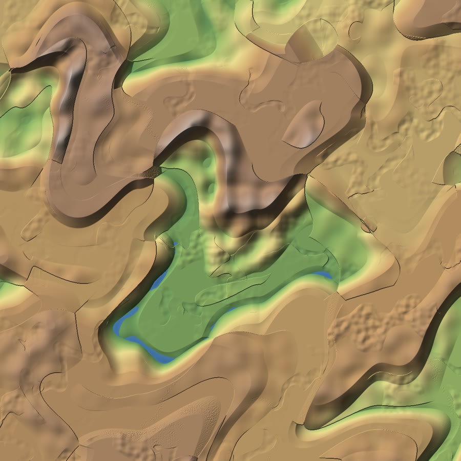 Relief map: terraces stepping between plates' base heights, crossed by one ridge along a plate boundary