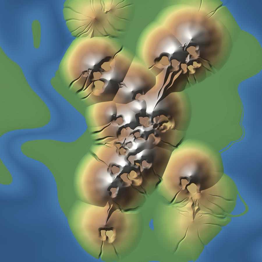 Relief map: a cluster of conical peaks up to 2.8 km with cirque bowls near the summits and ravines down the flanks, each cone's round footprint visible on the plain
