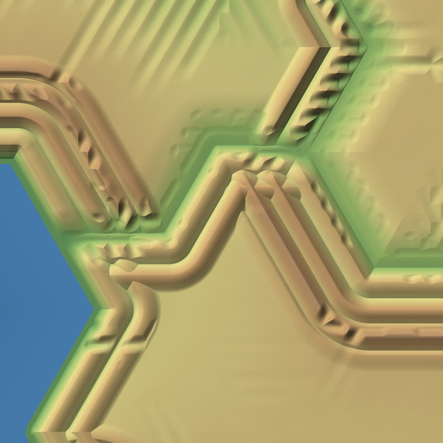 Relief map: bands of parallel stepped thrust sheets running in straight lines with sharp 60-degree bends