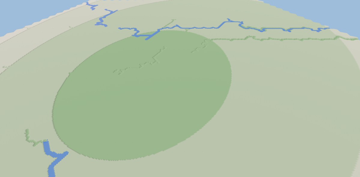 The world viewer's render of a broad flat dry disc of grass in a basin, rivers running round its edge