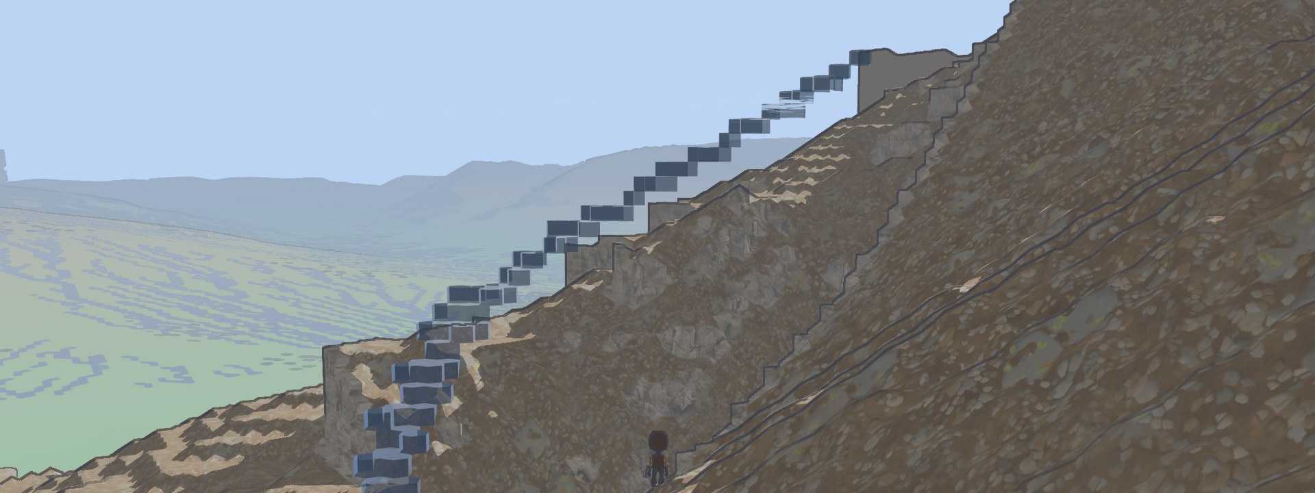 Water hanging in the air as a staircase of blocks up a rocky mountainside