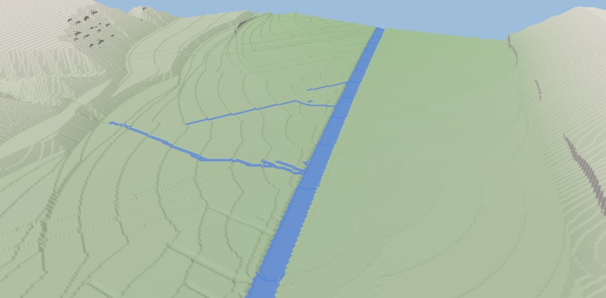 The world viewer's render of a valley: one dead-straight river with straight tributaries joining it at angles