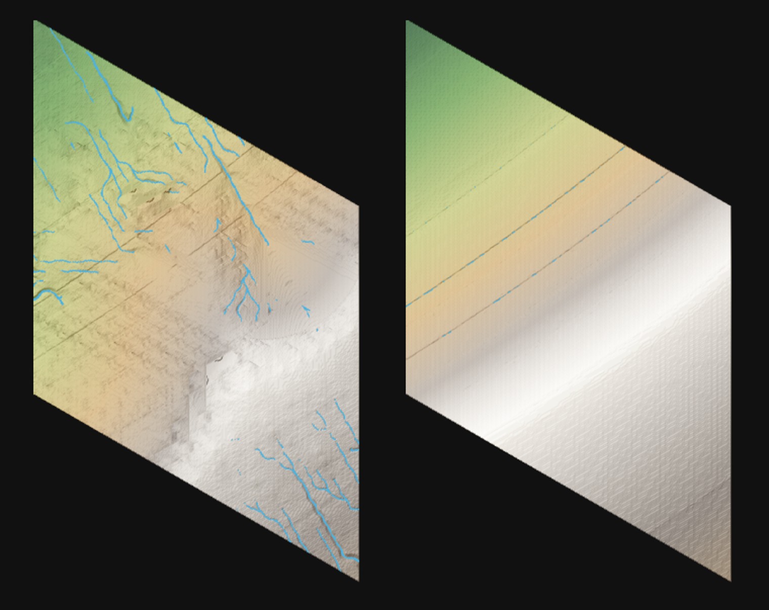 Two maps of the same square of land around the haven. Left: blue streams branching into rivers, each in its own valley. Right: smooth ground with three faint straight lines and no valleys