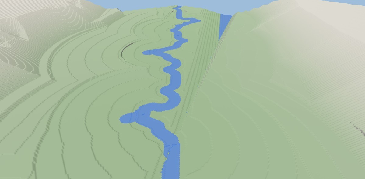 The same valley in the world viewer: the river winds down the valley floor, its banks curving with it